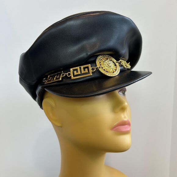 Vintage 80s KOKIN Faux Leather Moto Biker Newsboy Cabbie Hat Gold Sunburst - Picture 2 of 9